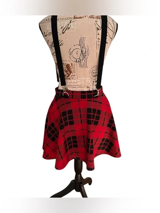 Red Black Plaid Skater Mini Skirt O Ring Zip Suspender Goth Punk Small Indie - Picture 3 of 11